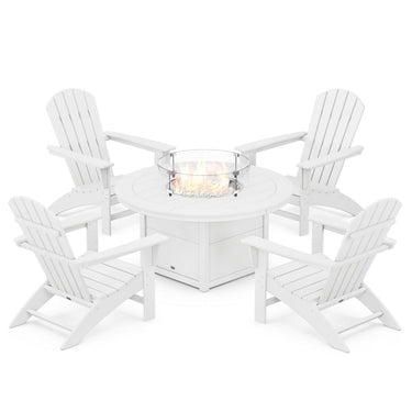 POLYWOOD Nautical 5-Piece Adirondack Chair Conversation Set w/ Fire Pit Table - White